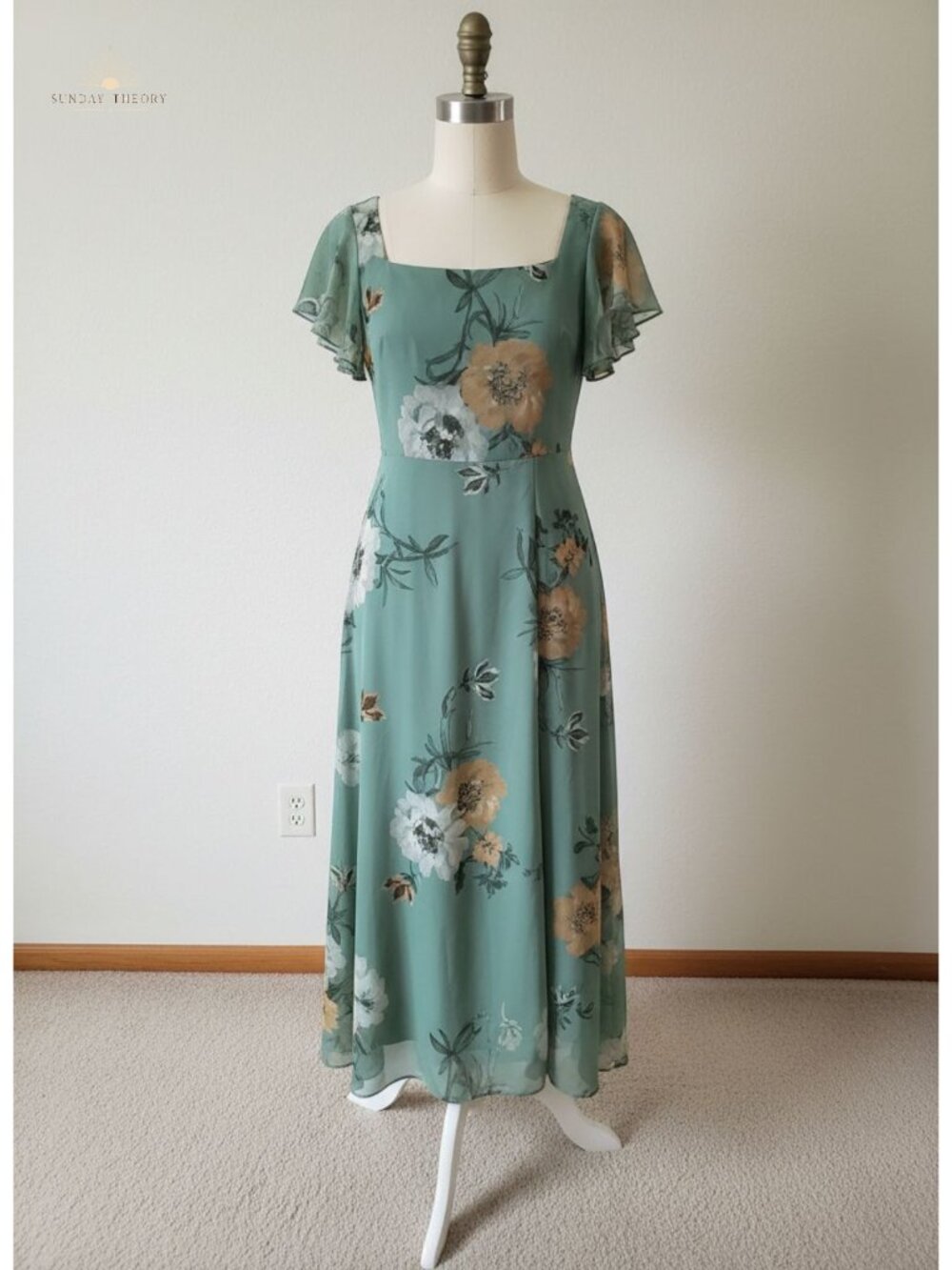 Floral Tulle Square Neck Ruffle Sleeve Midi Dress
